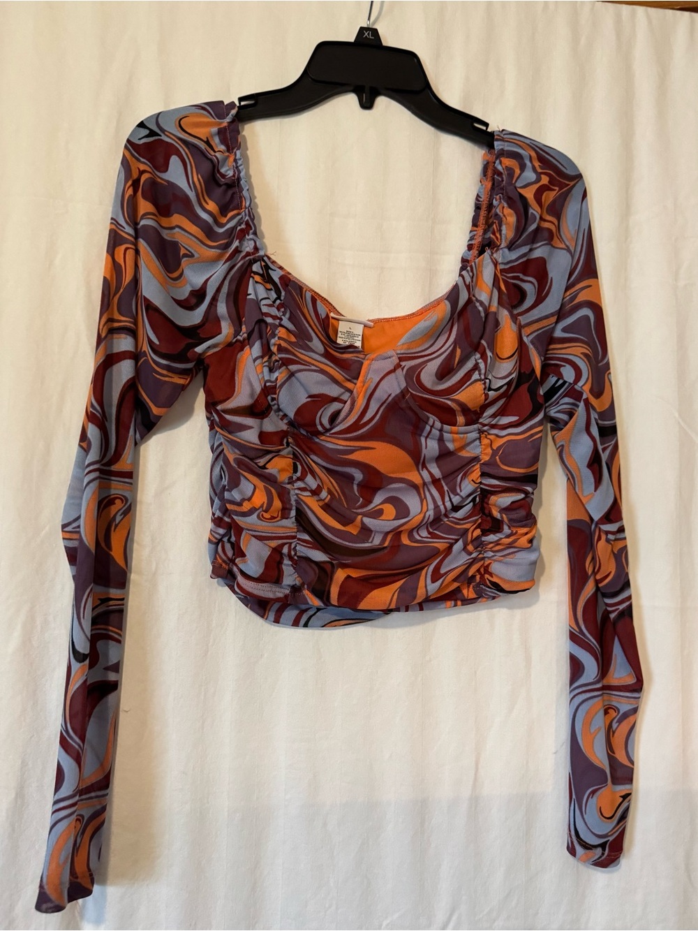 Rue21 Long-Sleeve Ruched Scoop Top in Blue, Orange & Purple Swirl